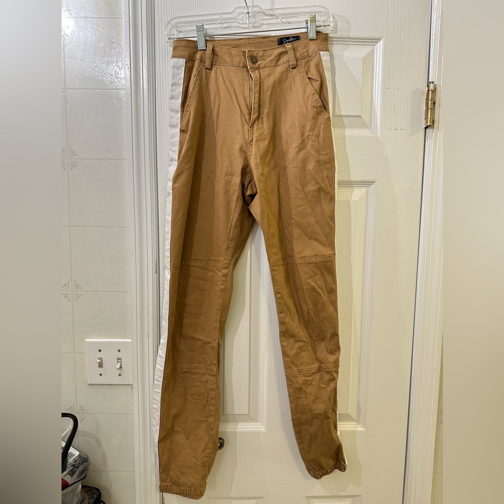 Tan joggers w white tux stripe